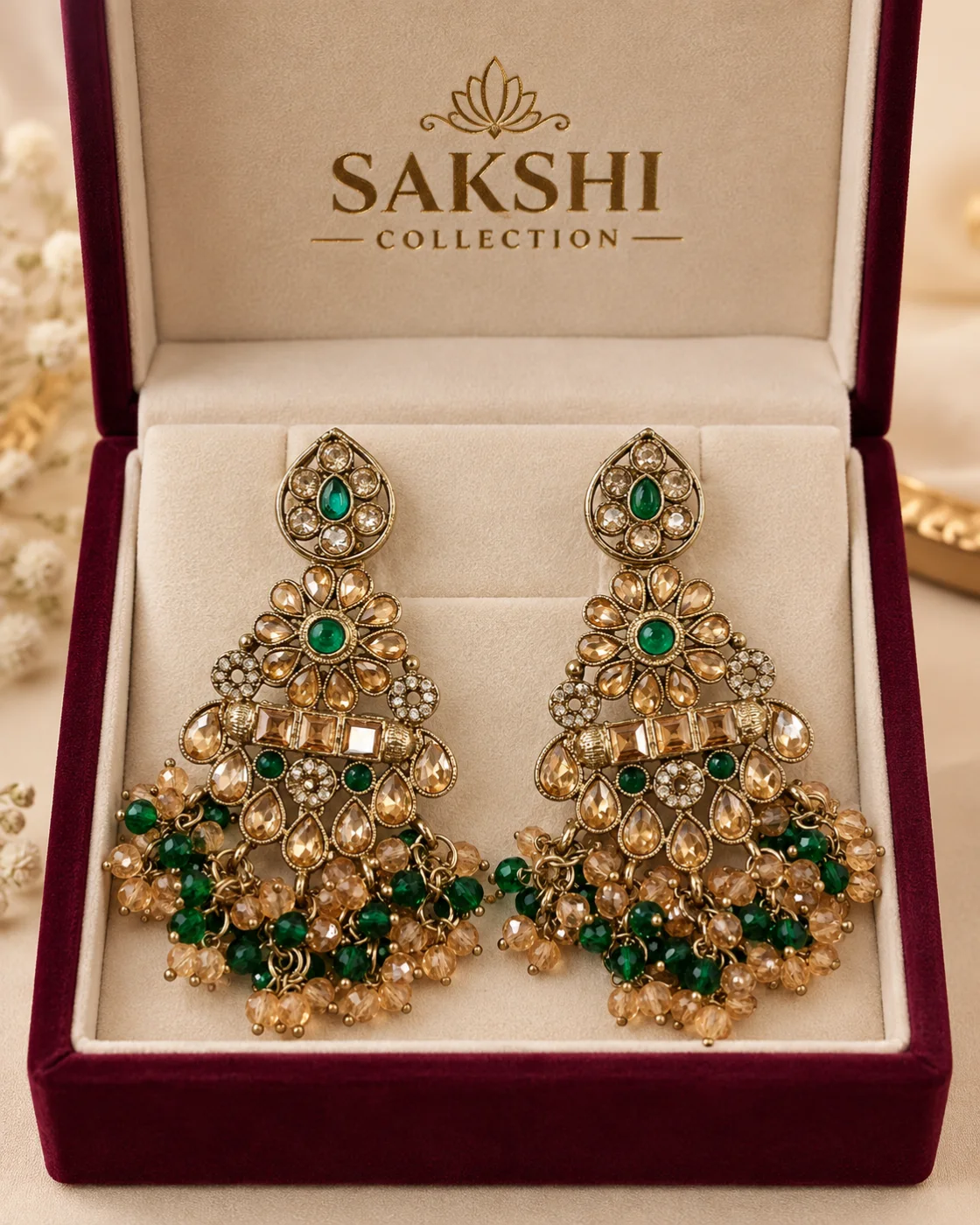 Sakshi Emerald Kundan Jhumar Earrings