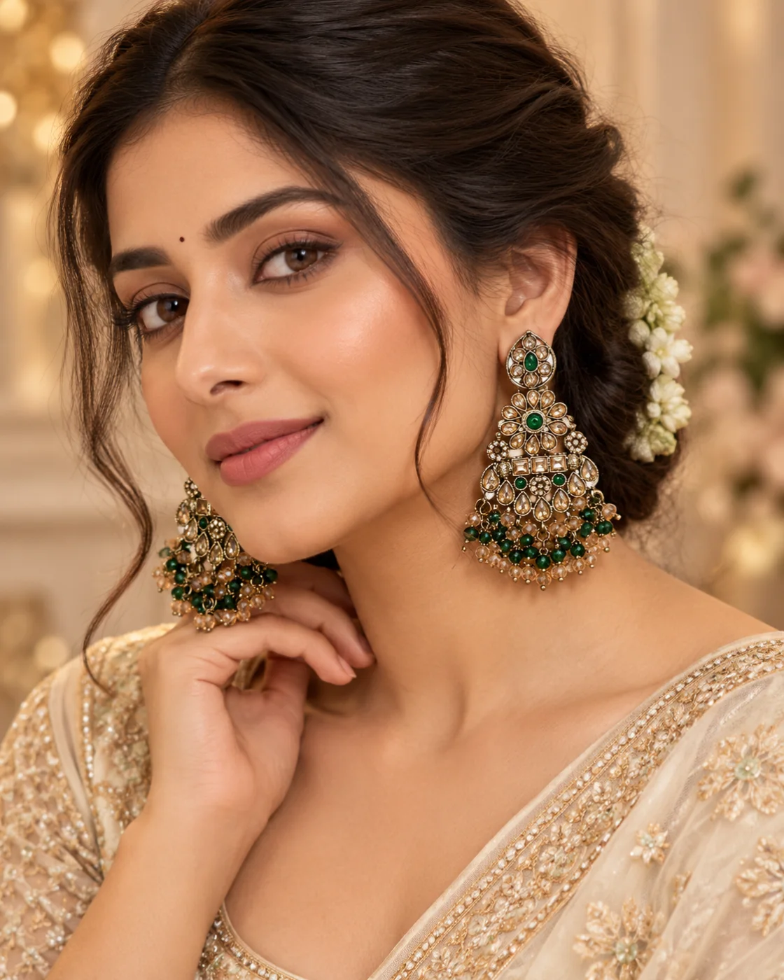 Sakshi Emerald Kundan Jhumar Earrings preview 2