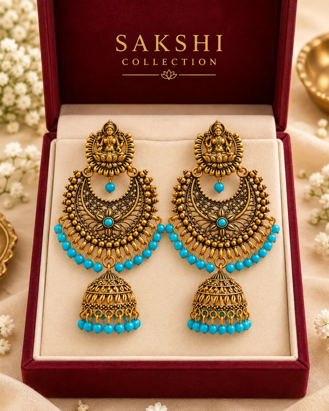 Sakshi Lakshmi Chandbali Jhumka Gold Blue Dot